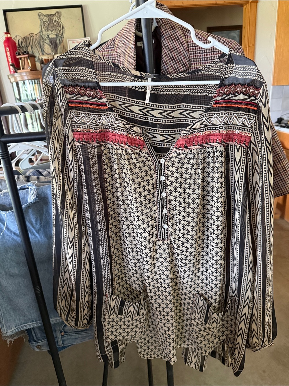 Free People Black and Cream Printed Top